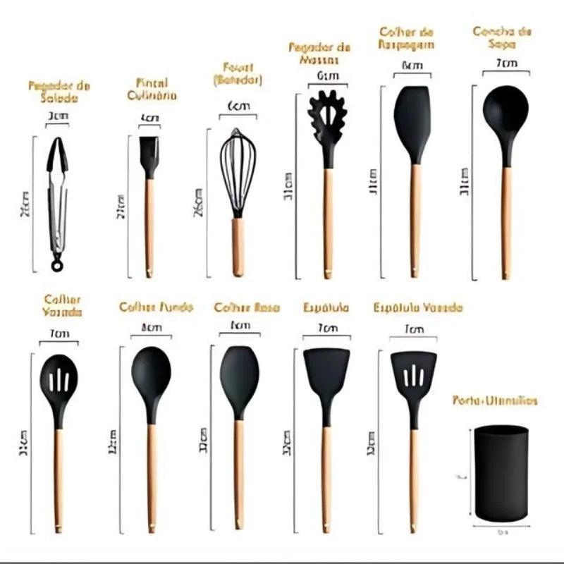 Jogo Utensílios de Cozinha 12 Peças Silicone Colher Espátula Concha, MM House